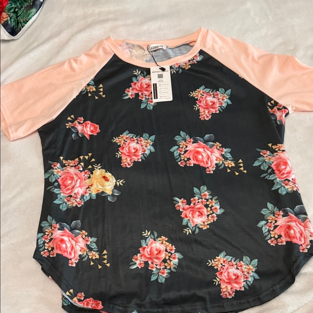 Floral Raglan Short Sleeve Tee - Black with Pink Sleeves